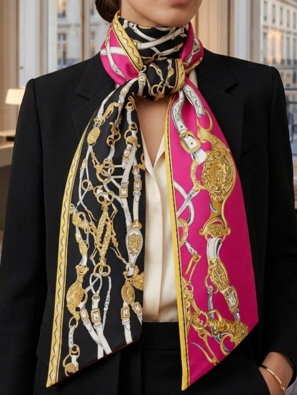 Hermes Silk Brides De Gala Maxi  Pink Black Gold Printed Twilly